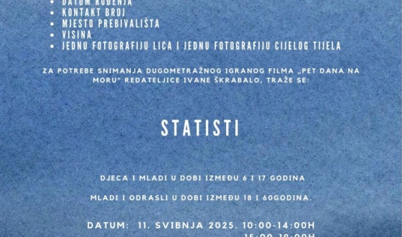 DODATAN TERMIN ZA AUDICIJU STATISTA– PRIJAVITE SE ZA STATIRANJE NA DUGOM OTOKU